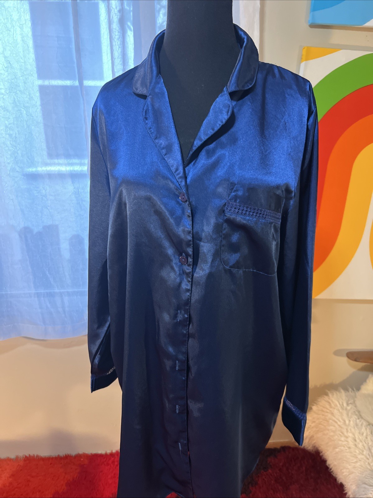 Morgan Taylor Intimates Glossy Satin Sleep Shirt Nightgown Navy Blue Large