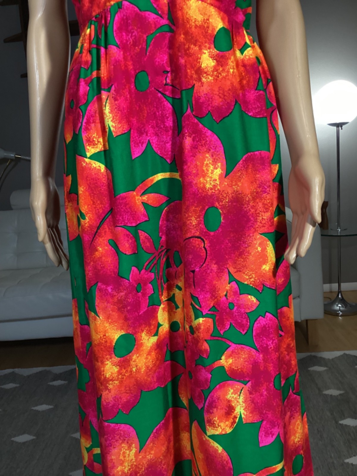 Vintage 1970’s Hawaiian Tropical Bright Floral Maxi Dress Tiki Luau Hippie Mod