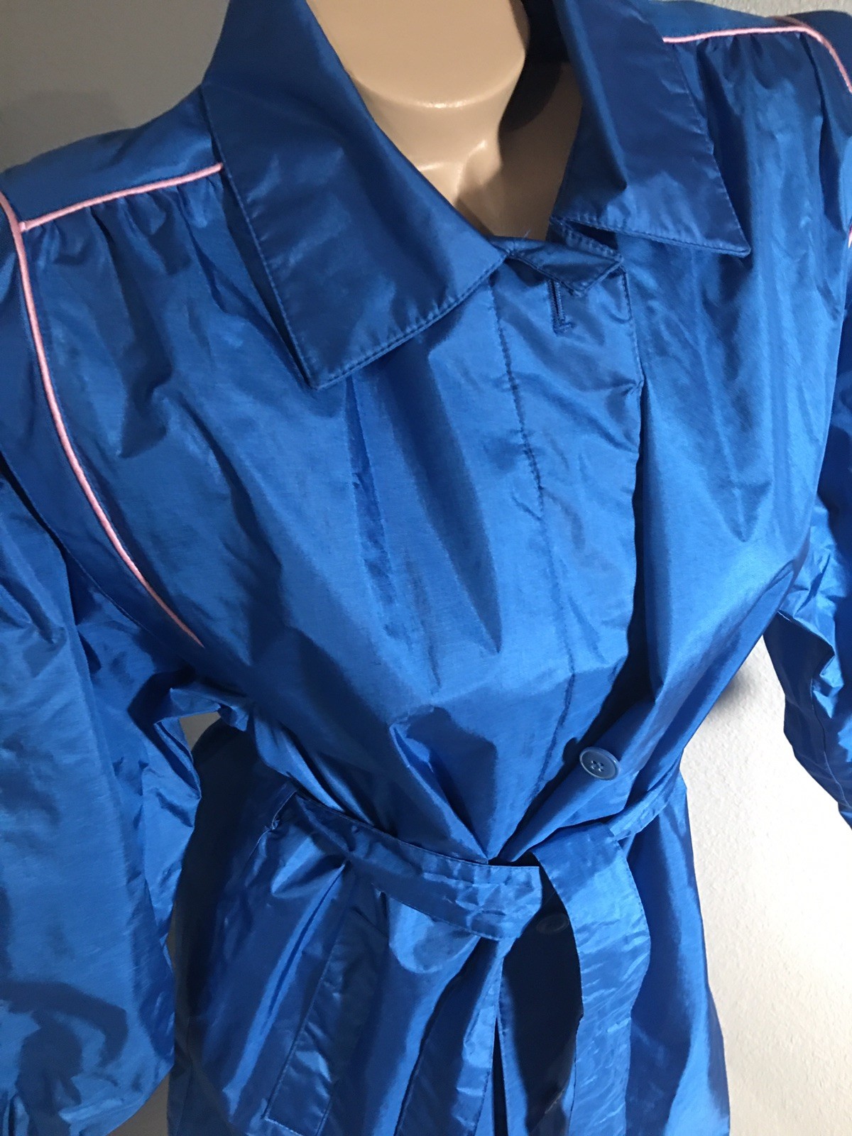 Vtg Blue Pink Trim Rubber Trench Rain Coat Duster 6