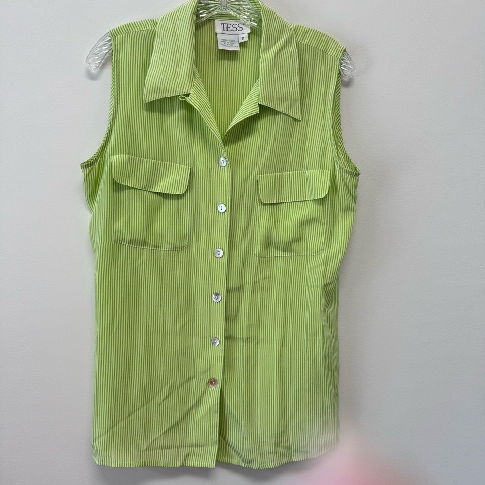 Tess Vintage 100% Silk Green Striped Sleeveless Collared Button Down Size M