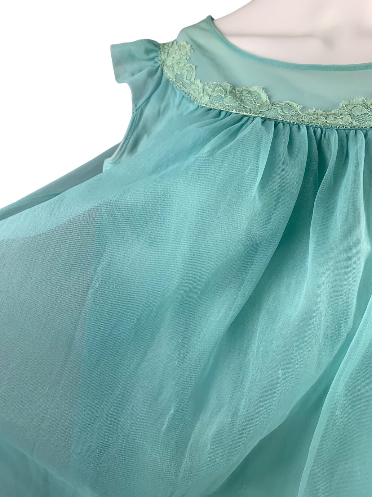 VTG Texsheen Lingerie Chiffon Green Blue Nightgown Dress Nylon Sheer Lace 32