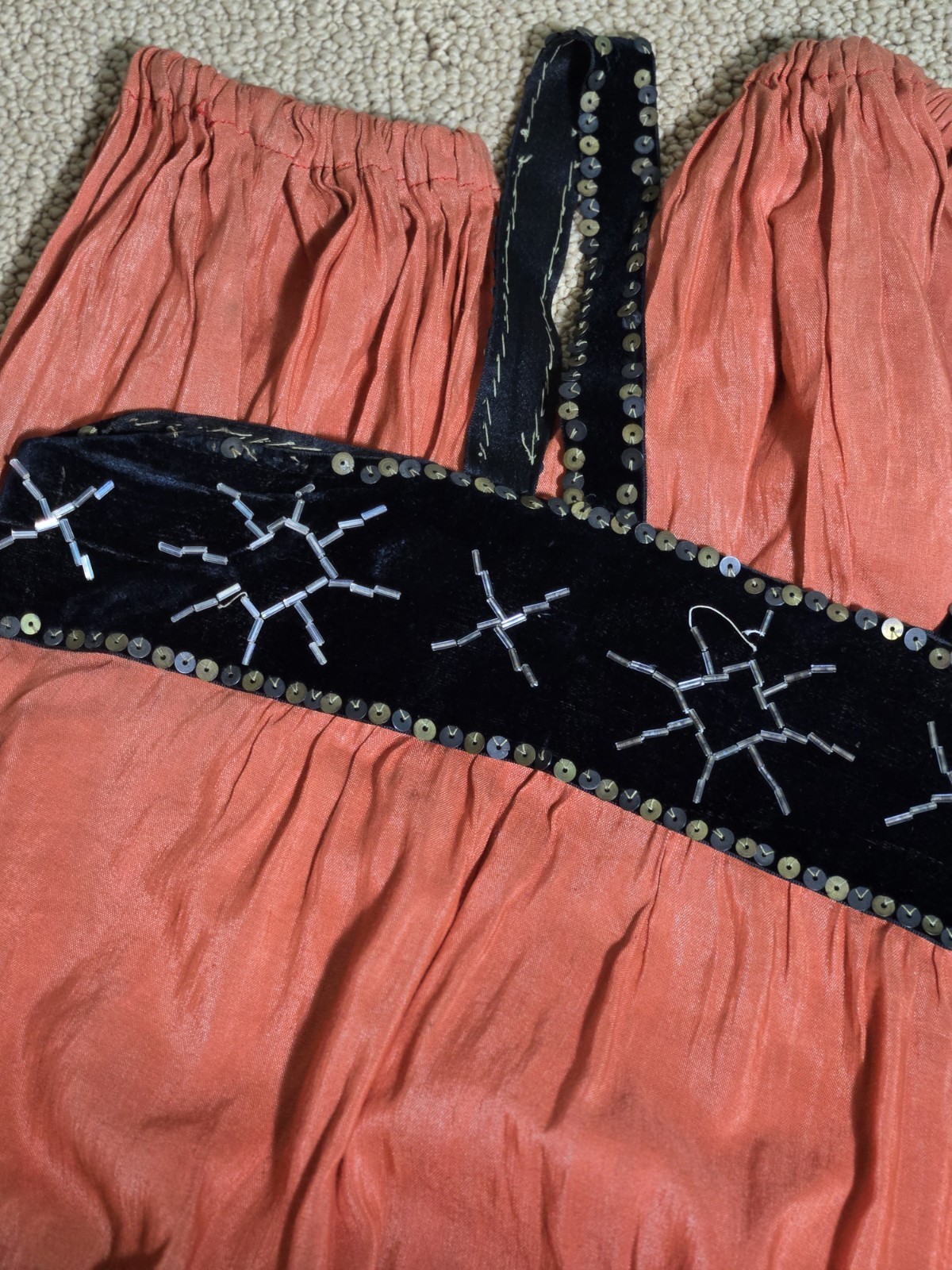 Vtg 1920s 1930s Orange Cotton/Silk Beach Pajamas Romper Velvet Sequin