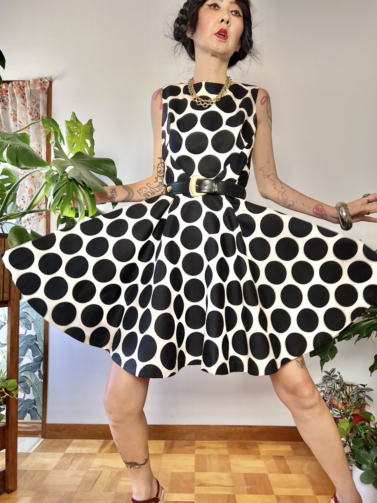 VTG 60s does 50s SABA CA Polka Dot Circle Skirt Dress Bullet Bust Mod S/M