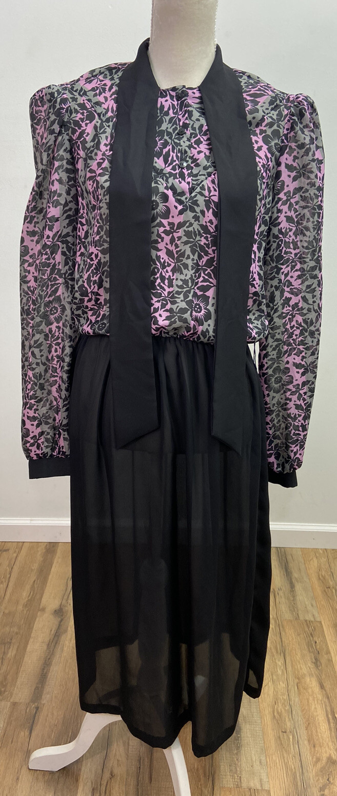 Vintage 60s Sheer Black and Purple Floral Blouson Tie Neck Dress Women’s Size 12