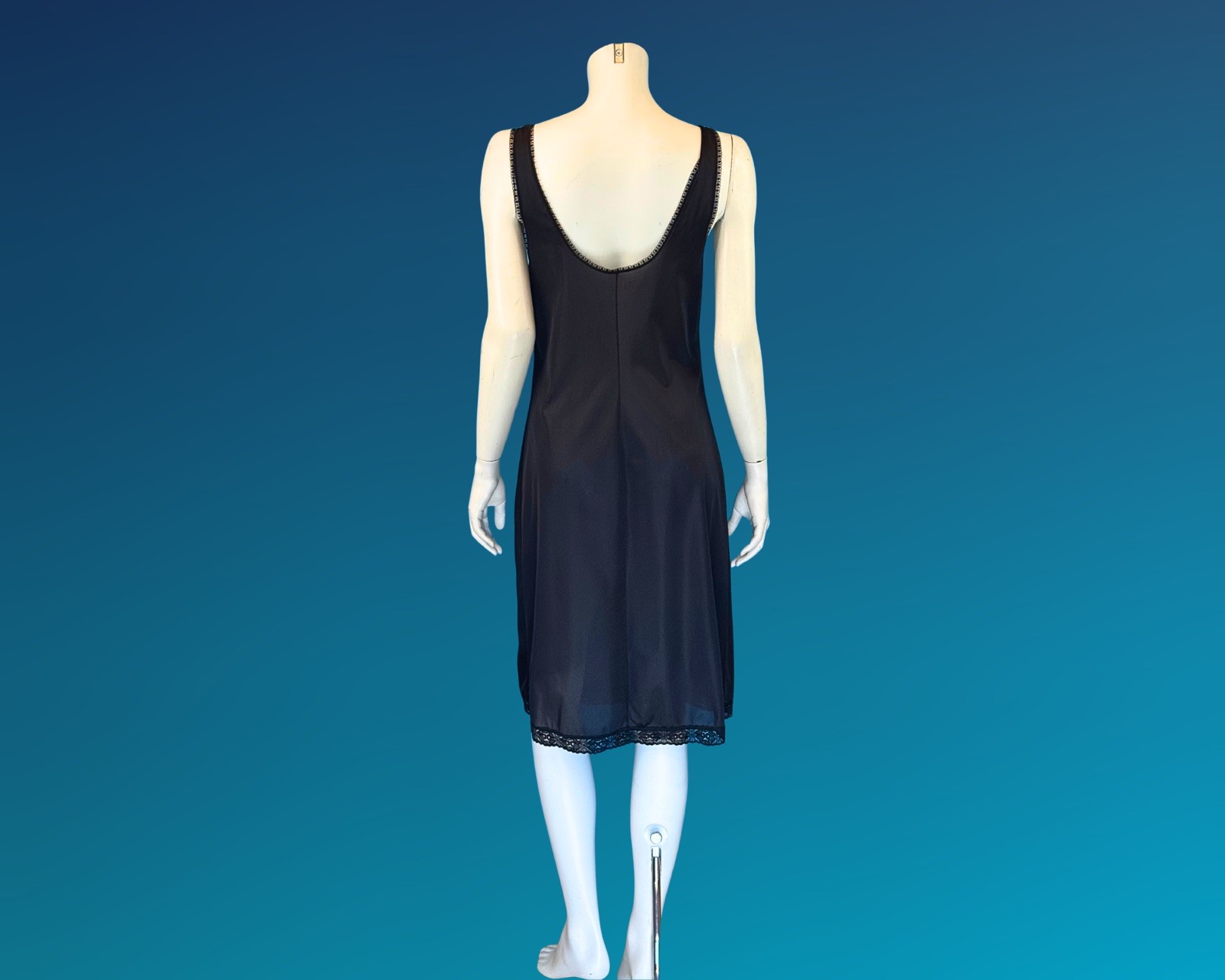 Vintage 60s 70s Black Lace Nylon Full Slip Dress | S M