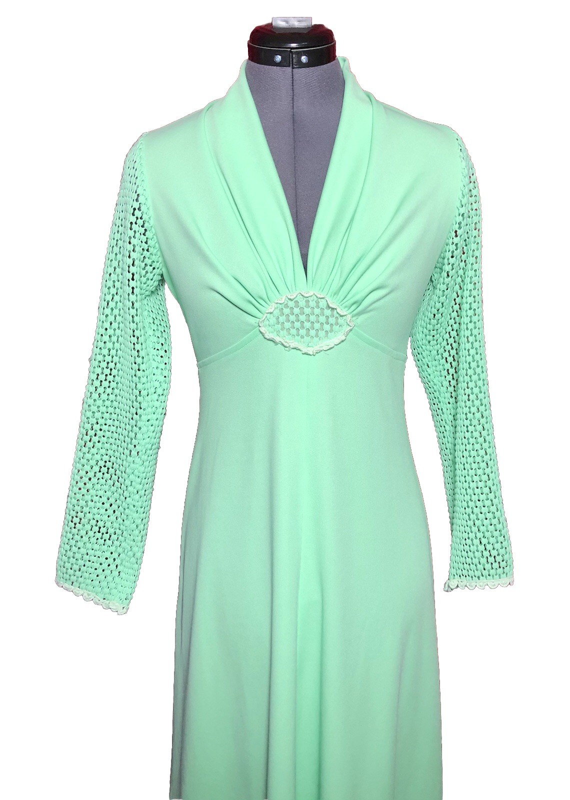 Vtg 70s Maxi Dress Mint Green Empire Waist Mod Gown Small 34-28-44