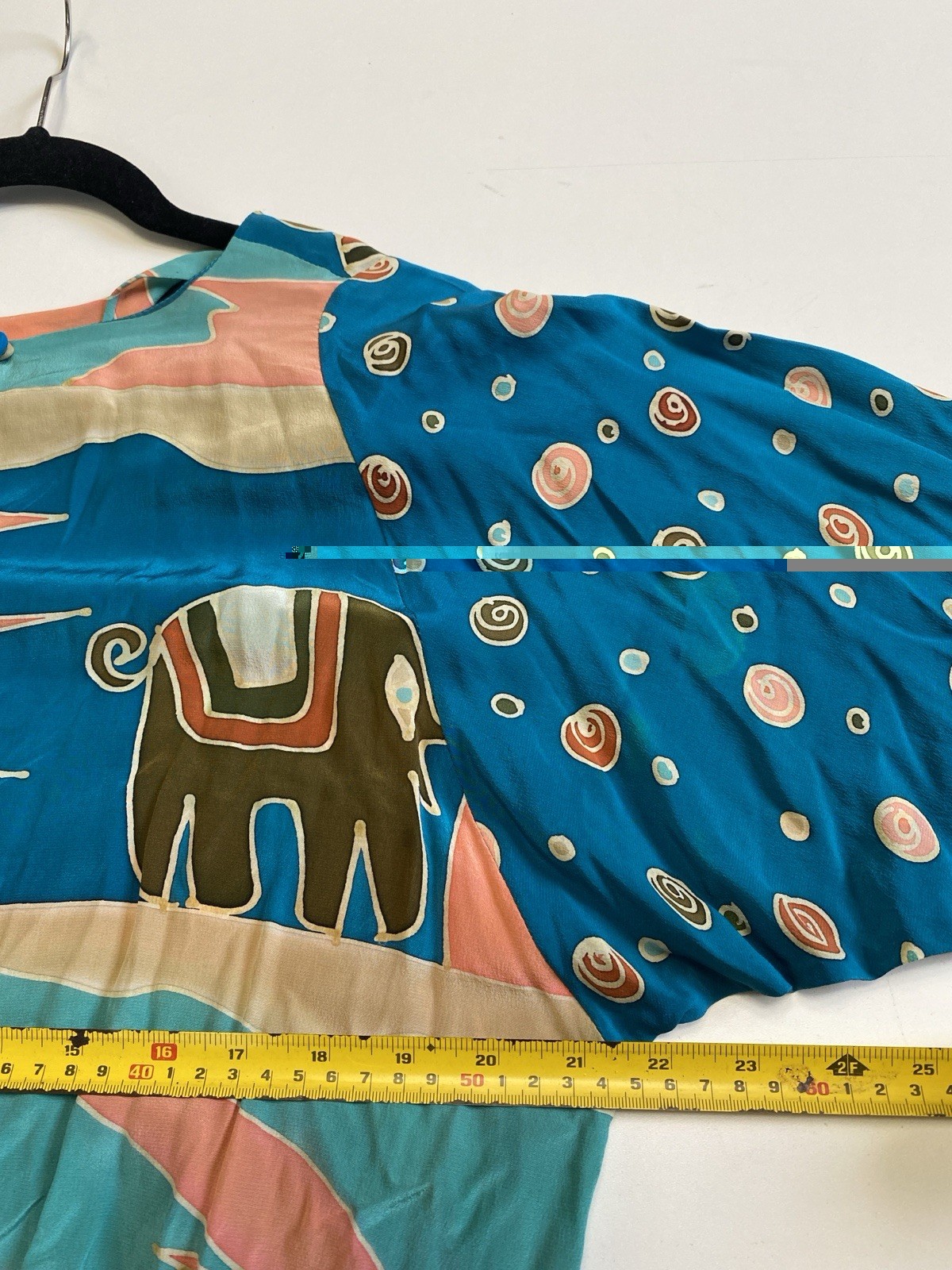 Vintage Silk Scapes M Hand Dyed 100% Silk Blouse Drop Waist Elephants