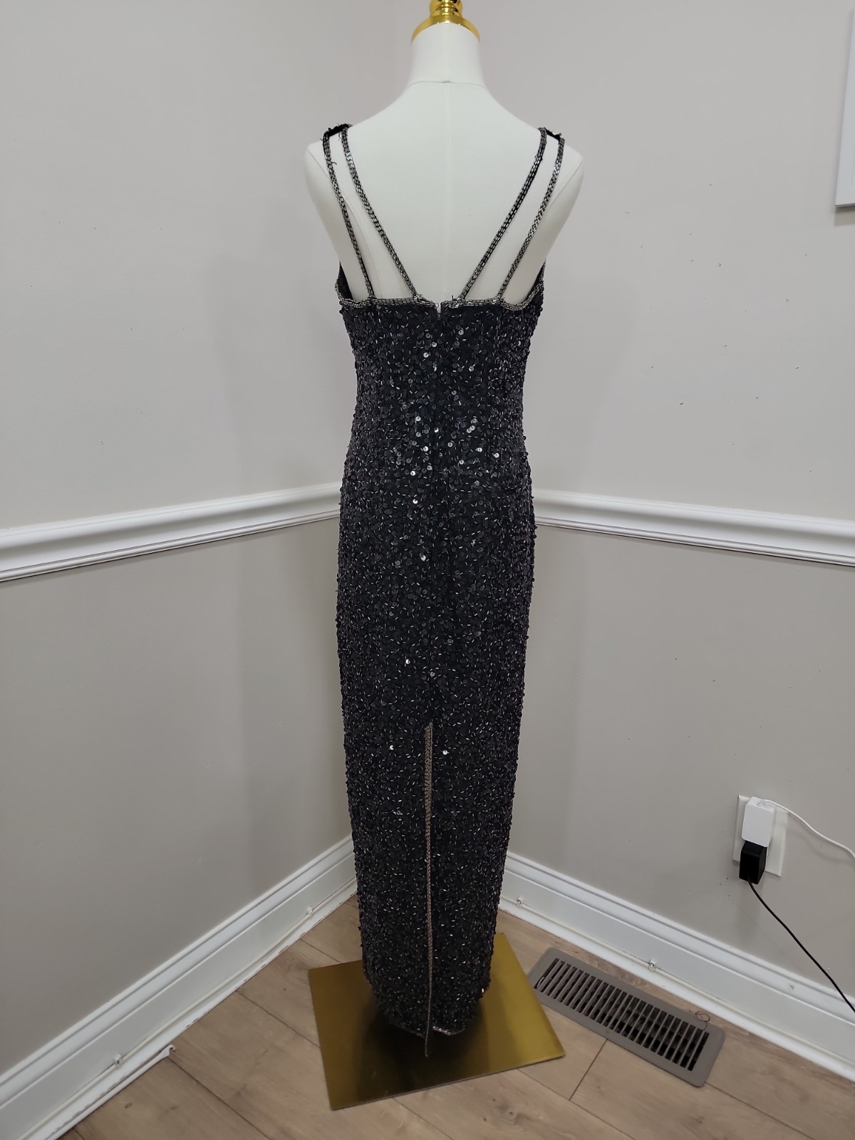 VTG 90s Black Sequin Column Gown Sleeveless Silk Evening Formal Prom Dress Med