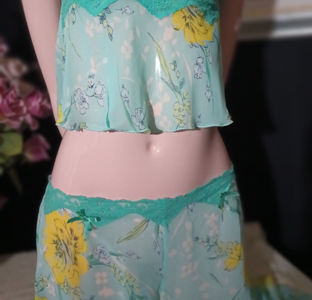 VTG SILKY SHEER SEE THRU NIGHTIE TANK SHIRT LOUNGE PANTS SET NOS SCARCE VS XS