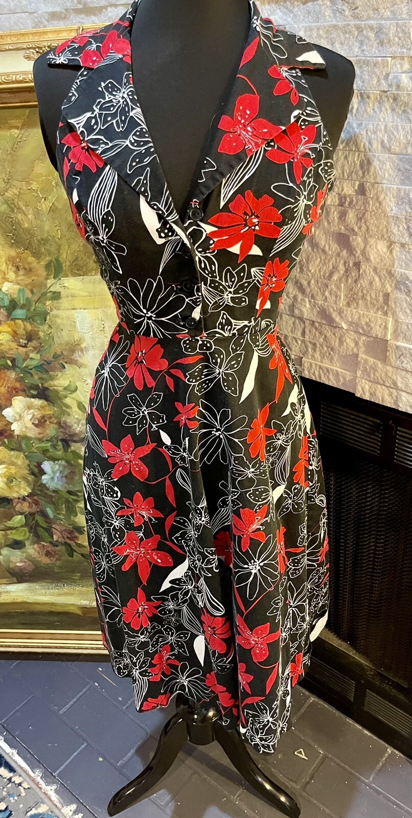 Vintage ALYN PAIGE Y2K Floral Halter Collar Swing Dress Backless Size 5/6 Hawian