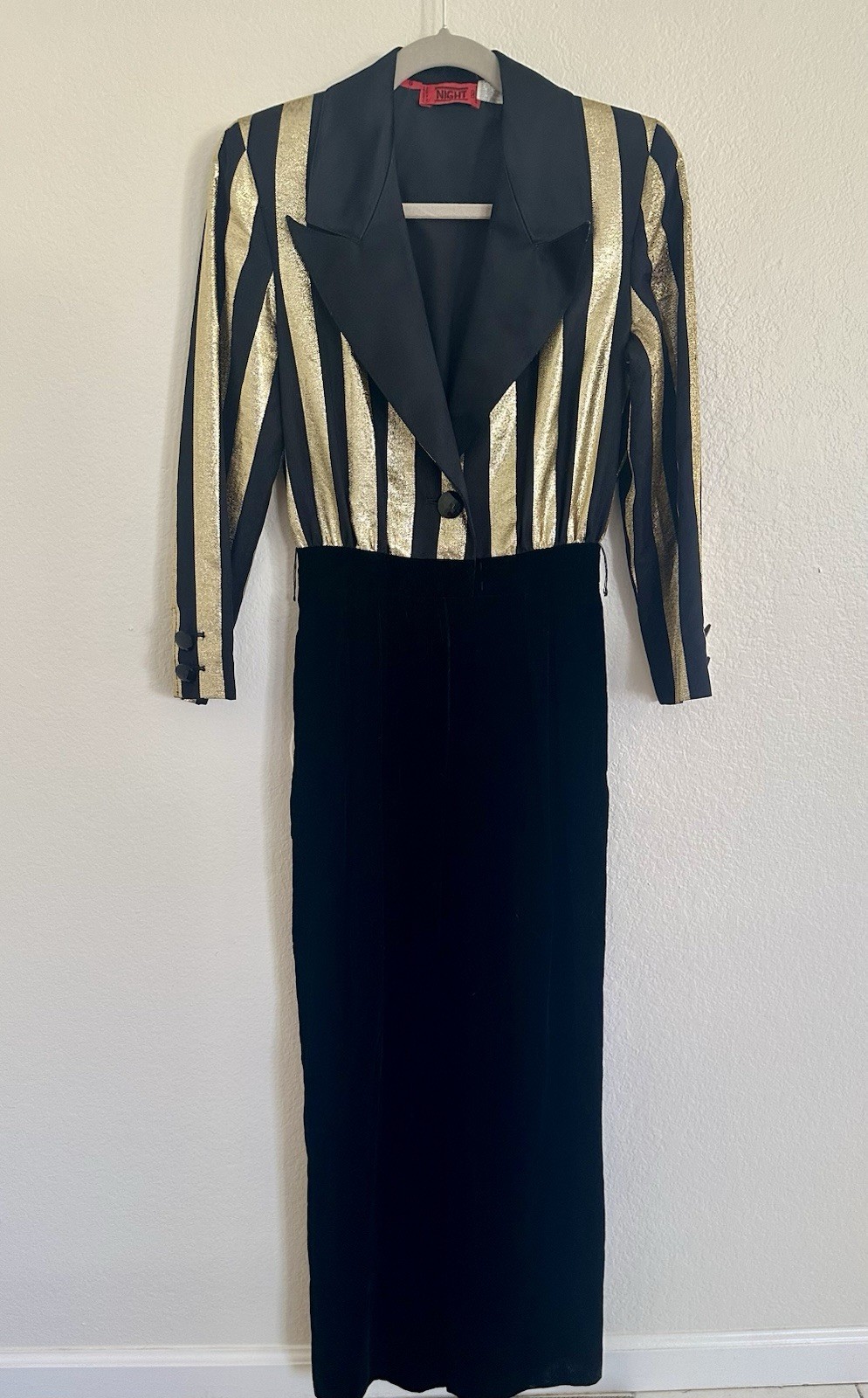 Vintage Night by Valentino Black Gold Lurex Velvet Jumpsuit Italy Sz 6 1980s