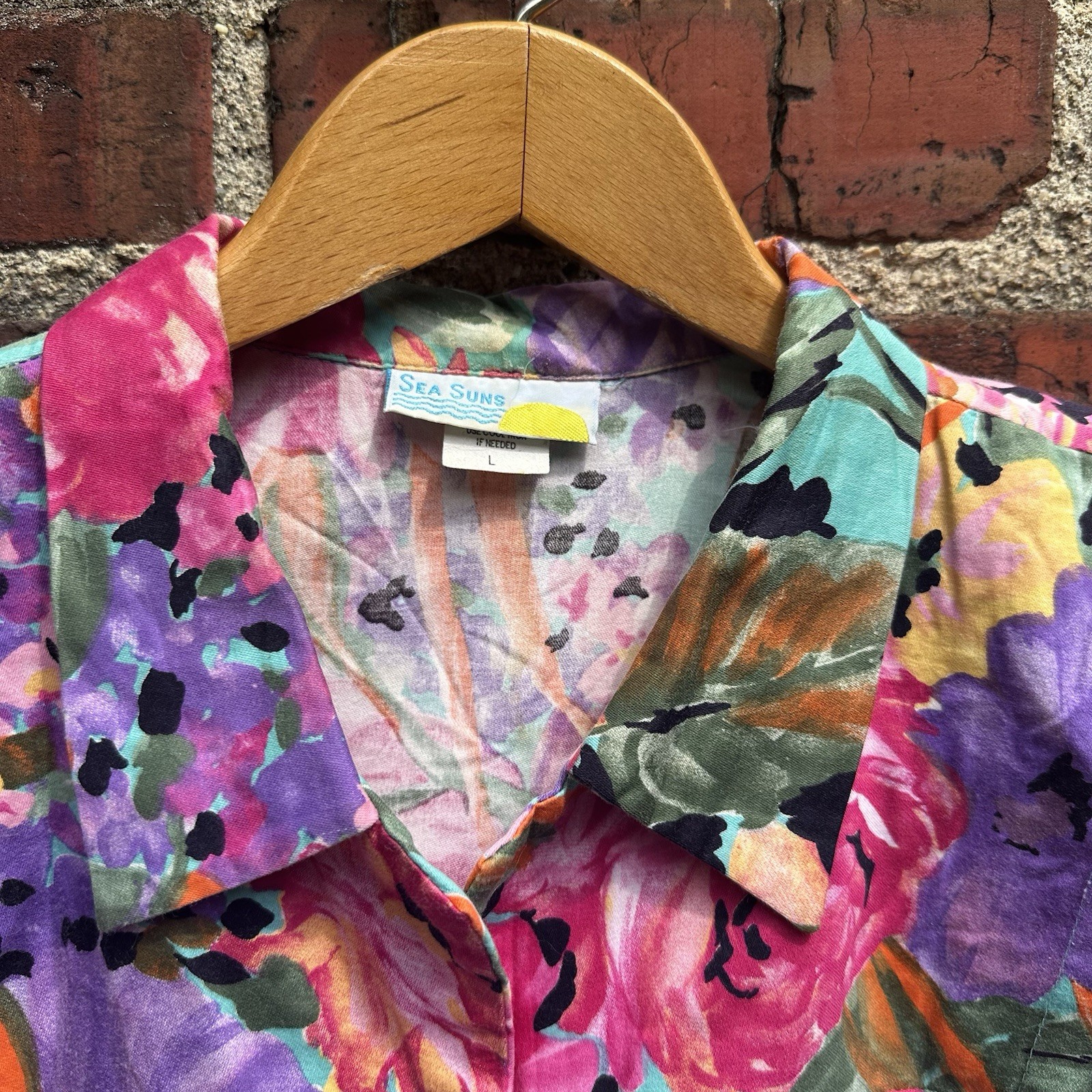 Vintage Sea Suns Vibrant Floral Watercolor Blouse Tie Waist Shoulder Pads 80s
