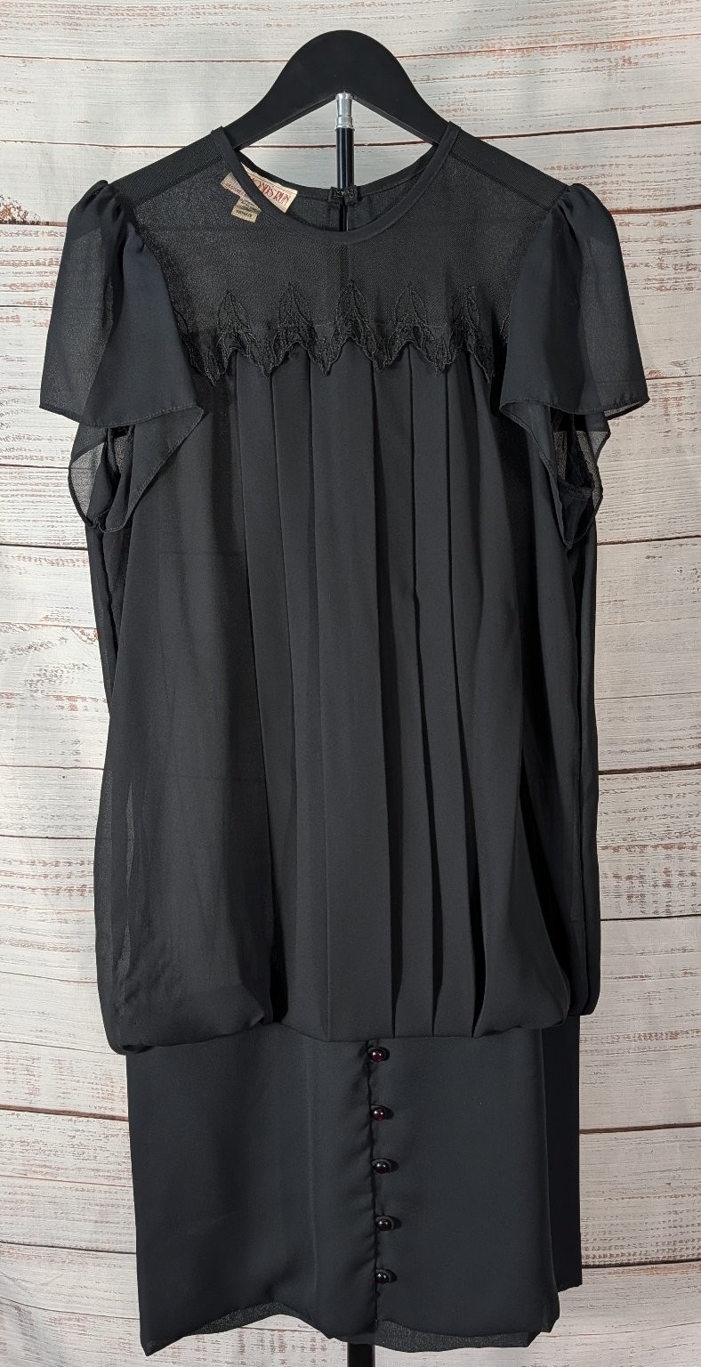 Vintage Diamond’s Run Black Polyester Blouson Dress Pleated Yoke RN55479