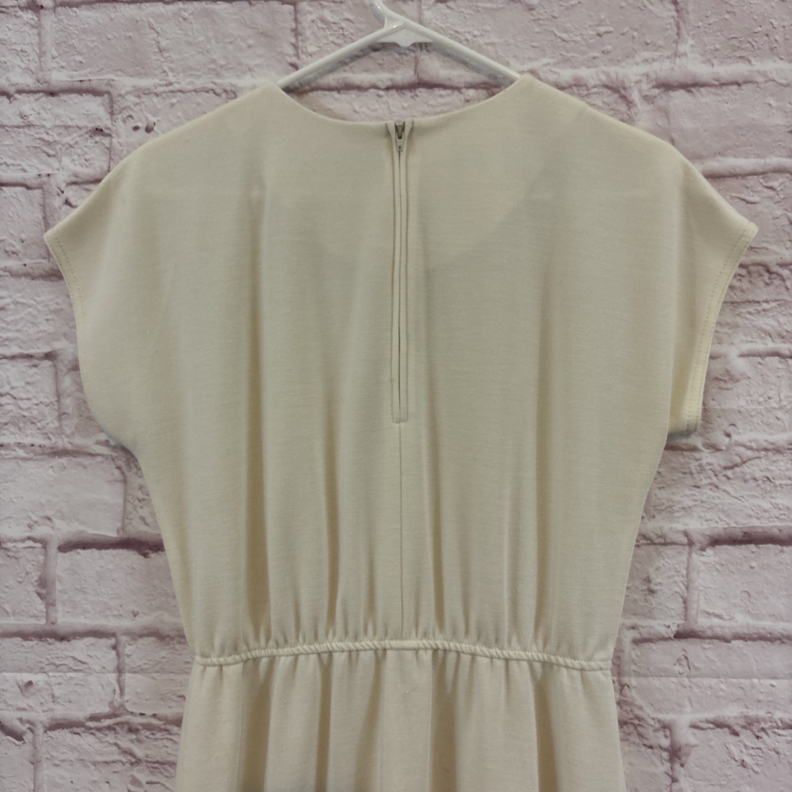 Vintage Dress Size 12 Leslie Fay Ivory w Stripes Zip Short Sleeve Blue Red Green