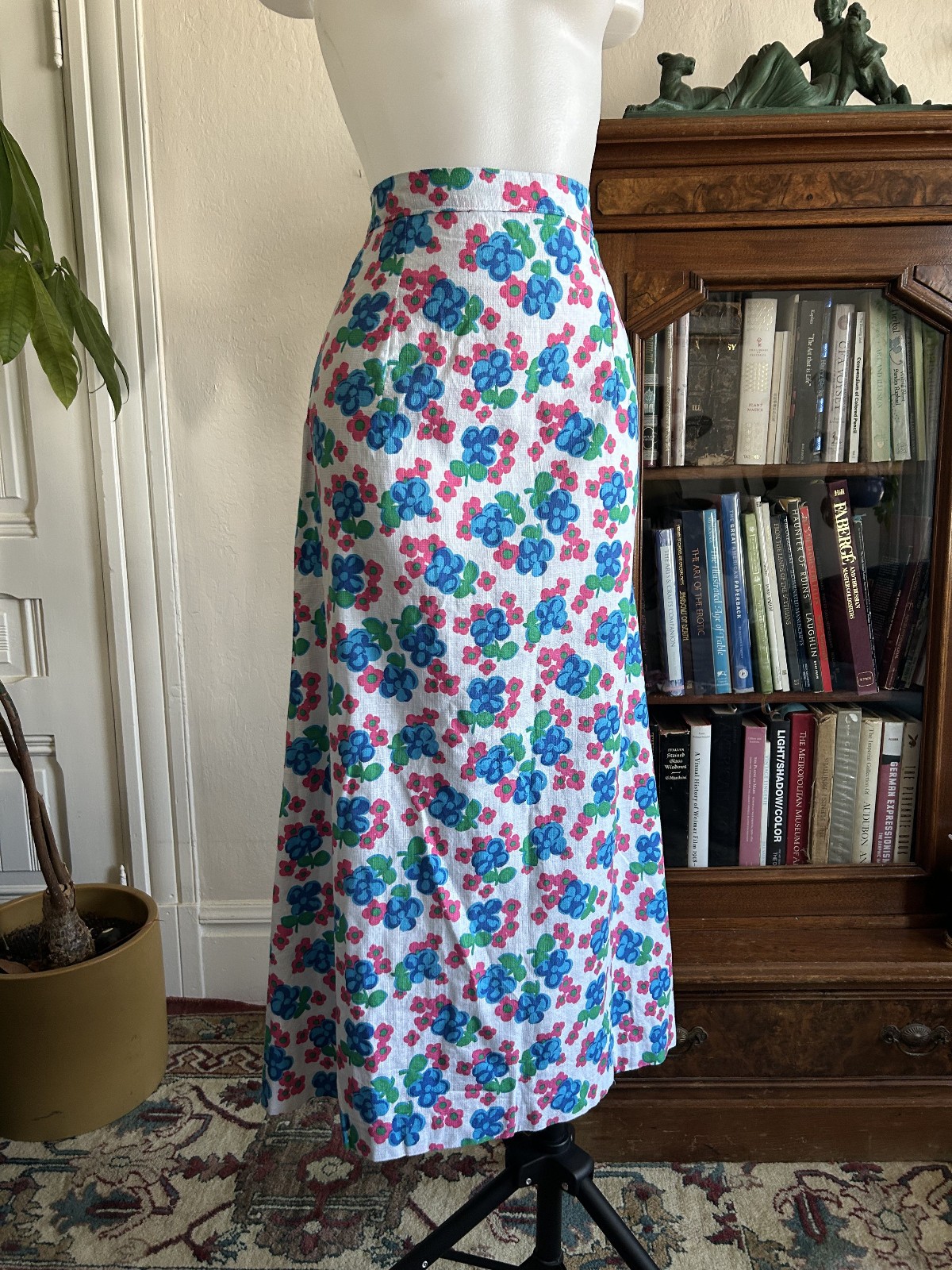 Vintage 1970s Floral Maxi Skirt in Blue and Pink – Handmade 28W Cotton Summer