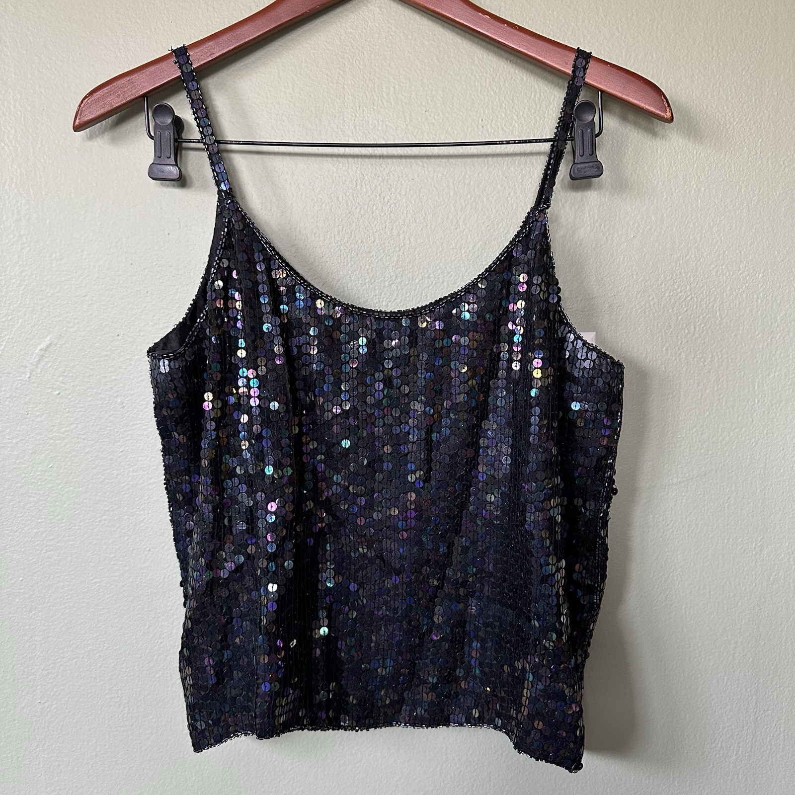 VTG 100% Silk Sequins Beaded Spaghetti Black Strap Top Spell Bound Size Medium