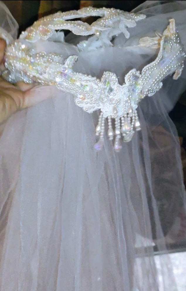 Restored Vtg 80s 90s Satin Wedding Dress High Neck Juliet Sleeve Gown Set Small