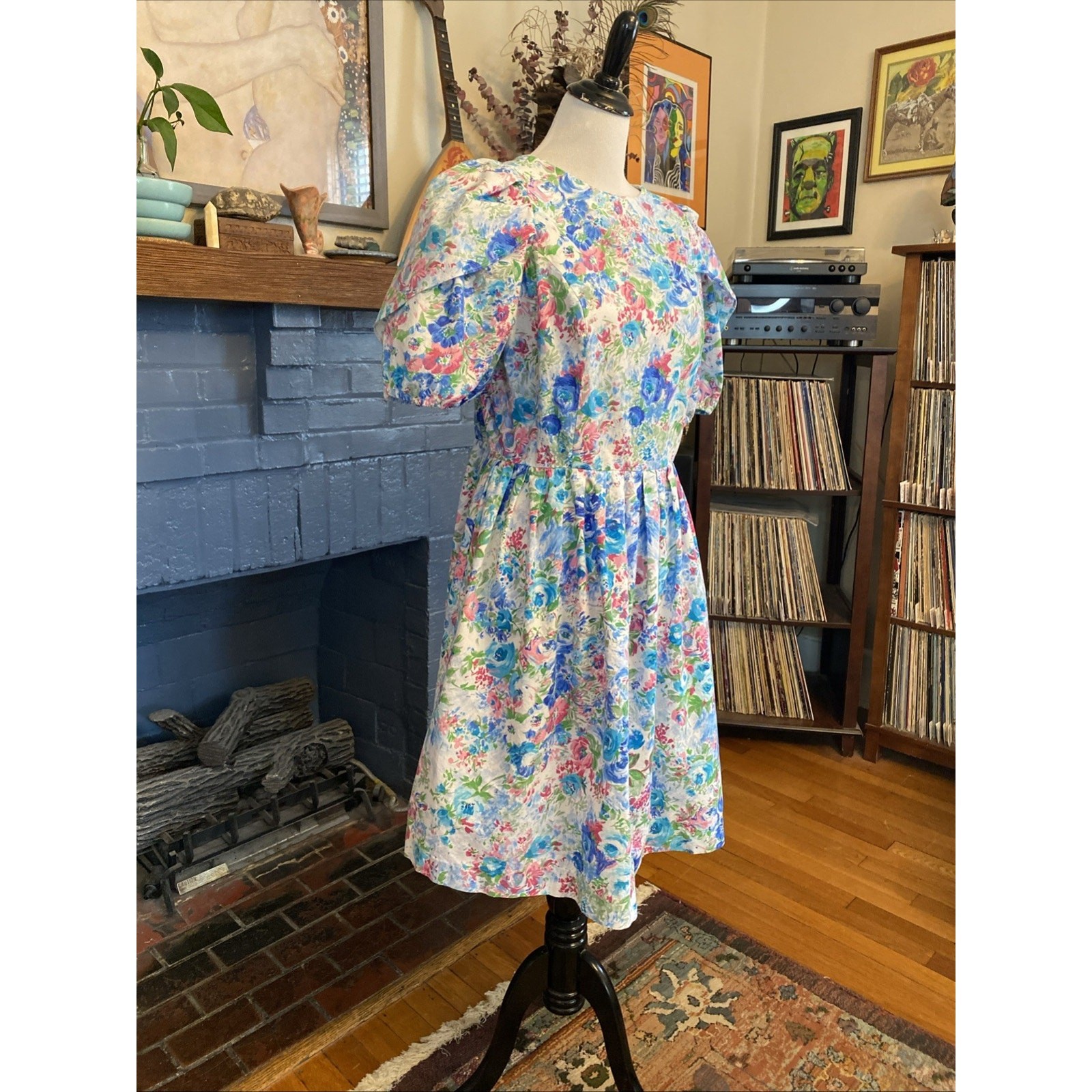 Vintage In Cinq Floral 1980s Tea Dress Puff Sleeve Feminine Midi Cottage 18 L/XL