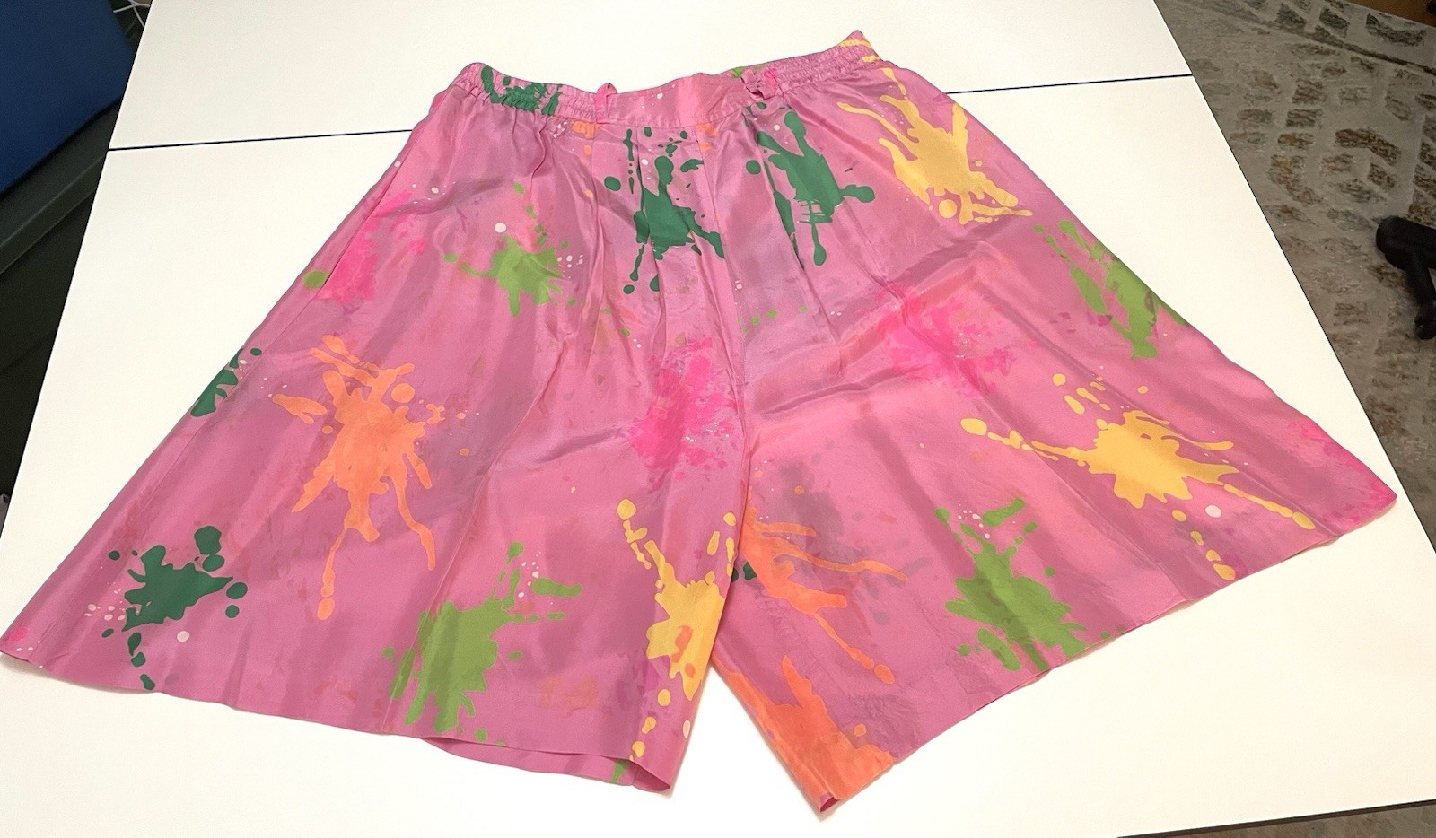 VTG 1980s 1990s High Waist Baggy Bermuda Paint Splatter Silk Short Tank Top Set