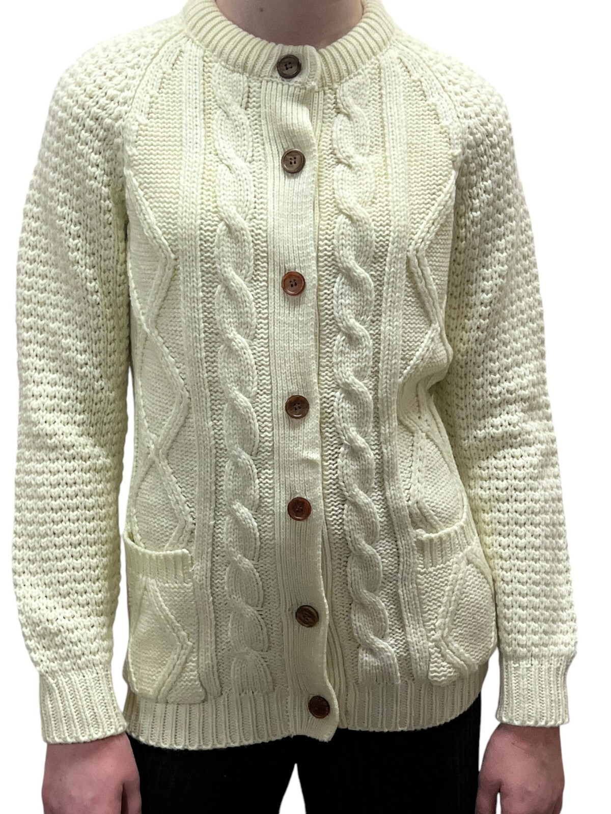 NOS Vtg 60s S Cardigan Sweater Cable Knit Fisherman Button Down Pockets