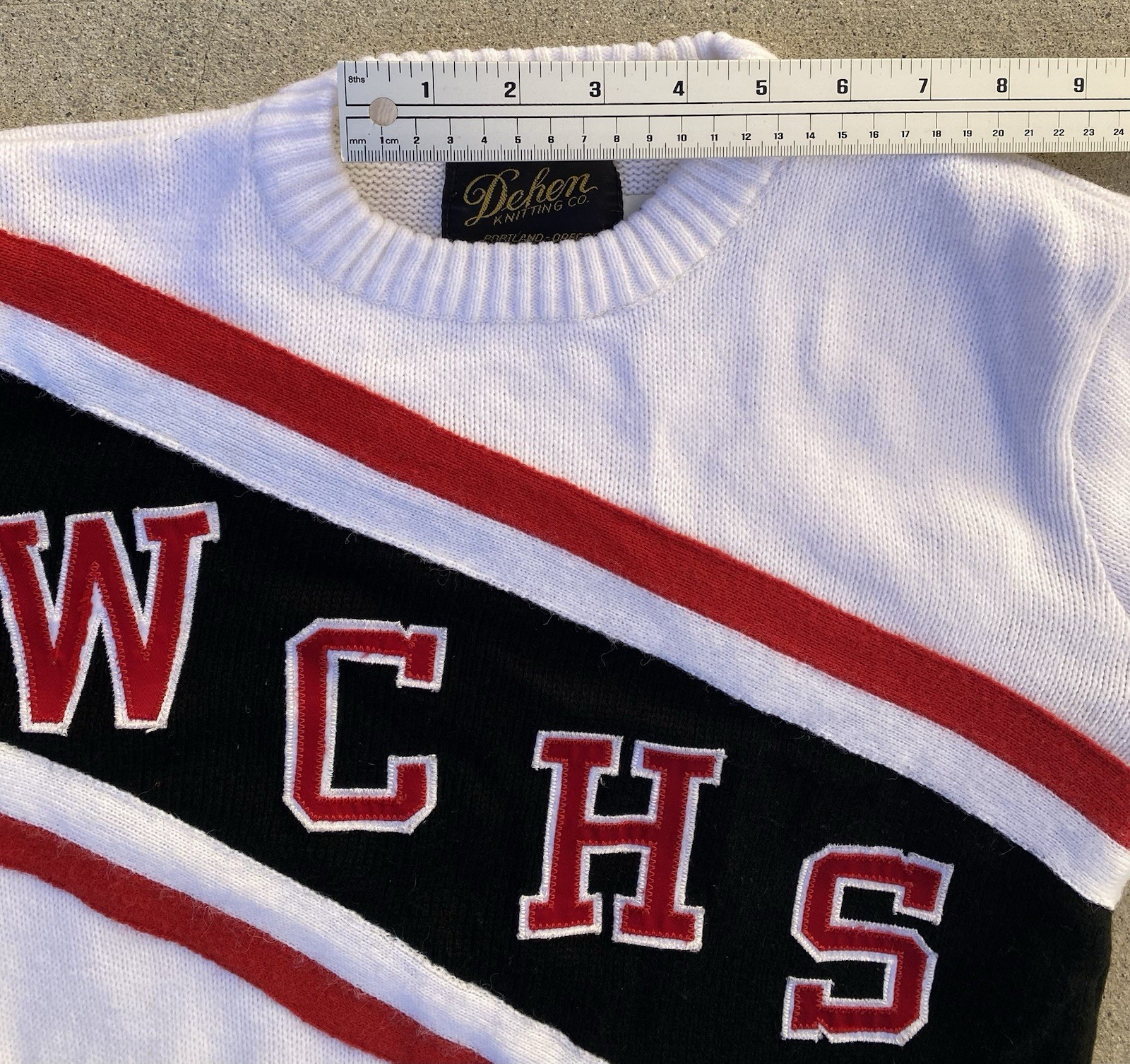 Vintage 80s Dehen Cheerleader Sweater WCHS White Black Red Acrylic Knit Size M