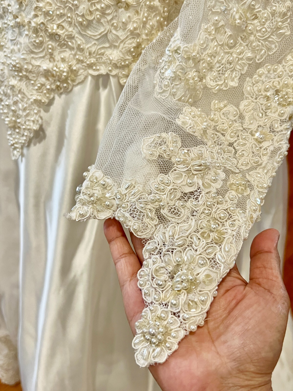 Vintage Mori Lee Wedding Dress Size 12 Satin Lace Pearl Bridal Gown Ivory
