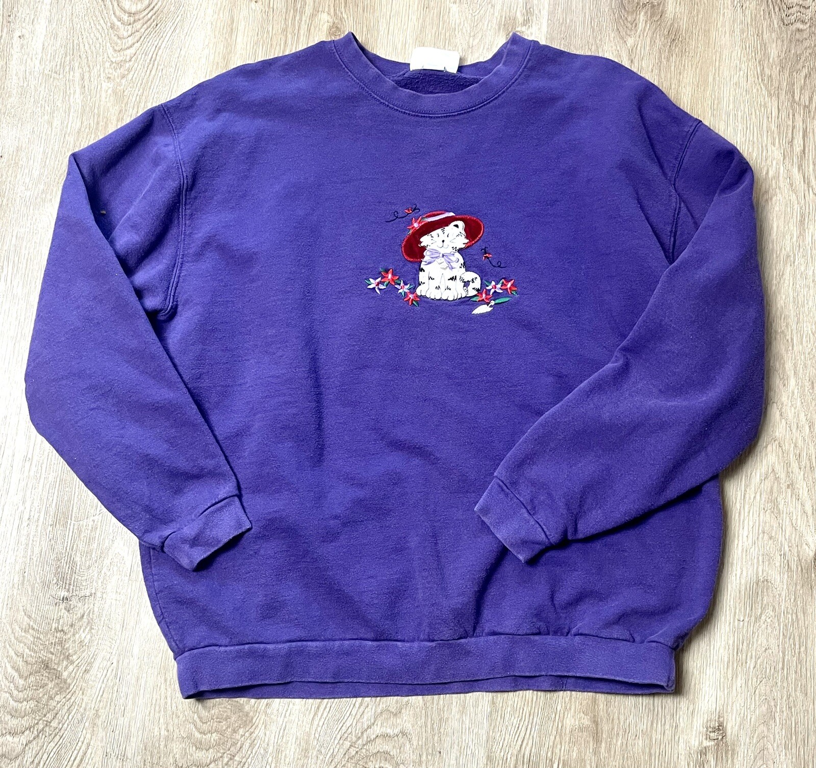 Endless Designs Sweatshirt Women’s XL Purple Embroidered Cat Long Sleeve 90’s