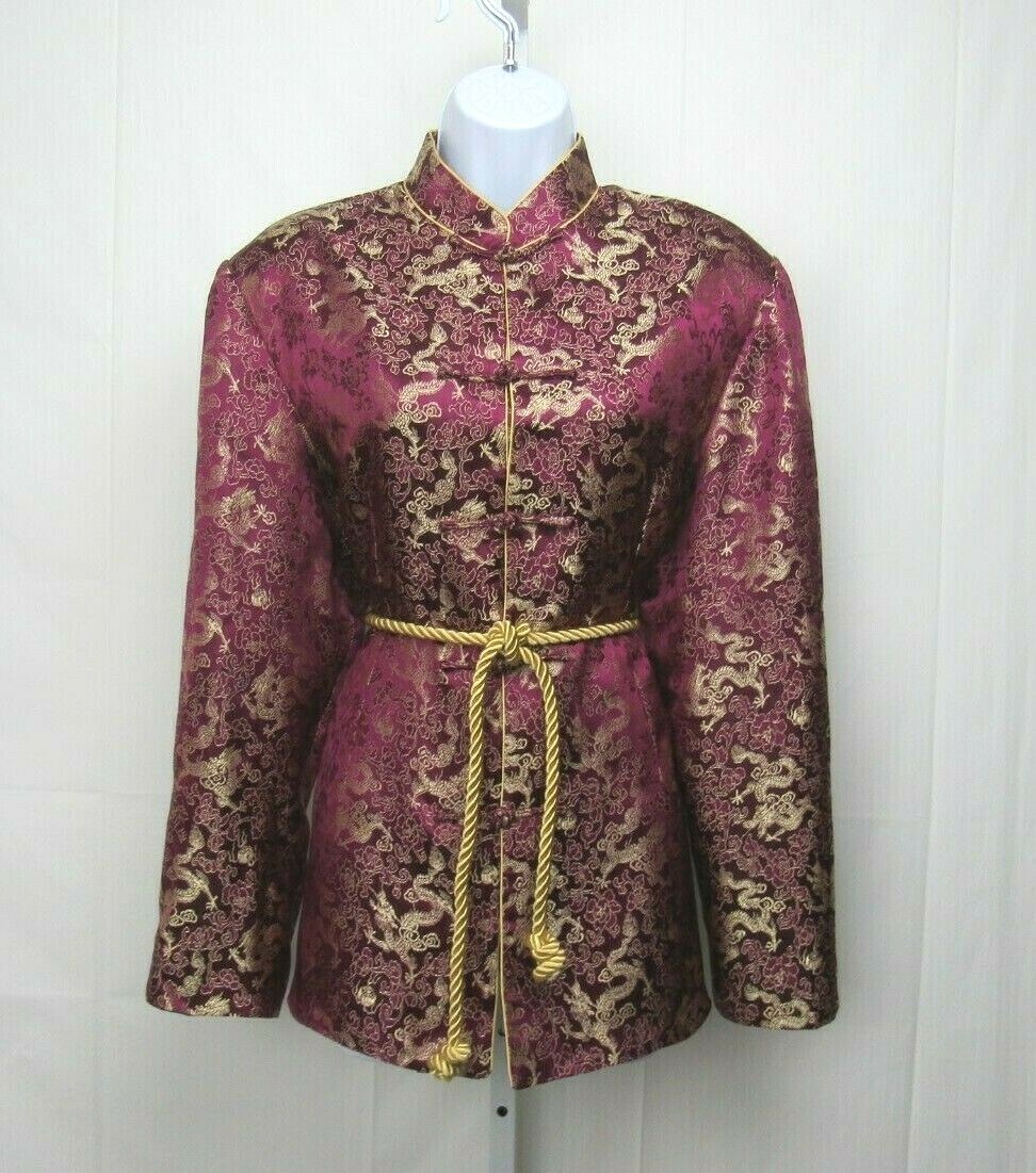 VTG 1950s 60s KIMONO STYLE JACKET BOYSENBERRY GOLD EMBROIDERY FROG BUTTONS