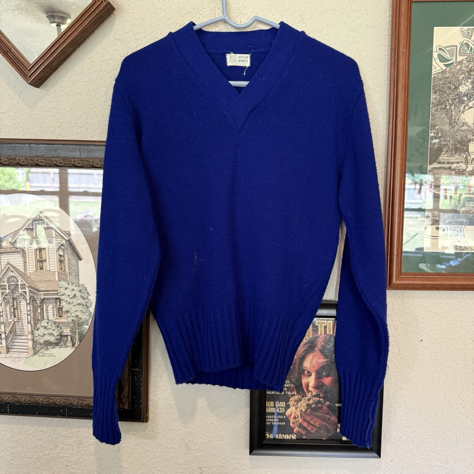 Vintage 50s/60s RARE Keller Sports OKC Blue Wool Cheer Knit Sweater Size Medium