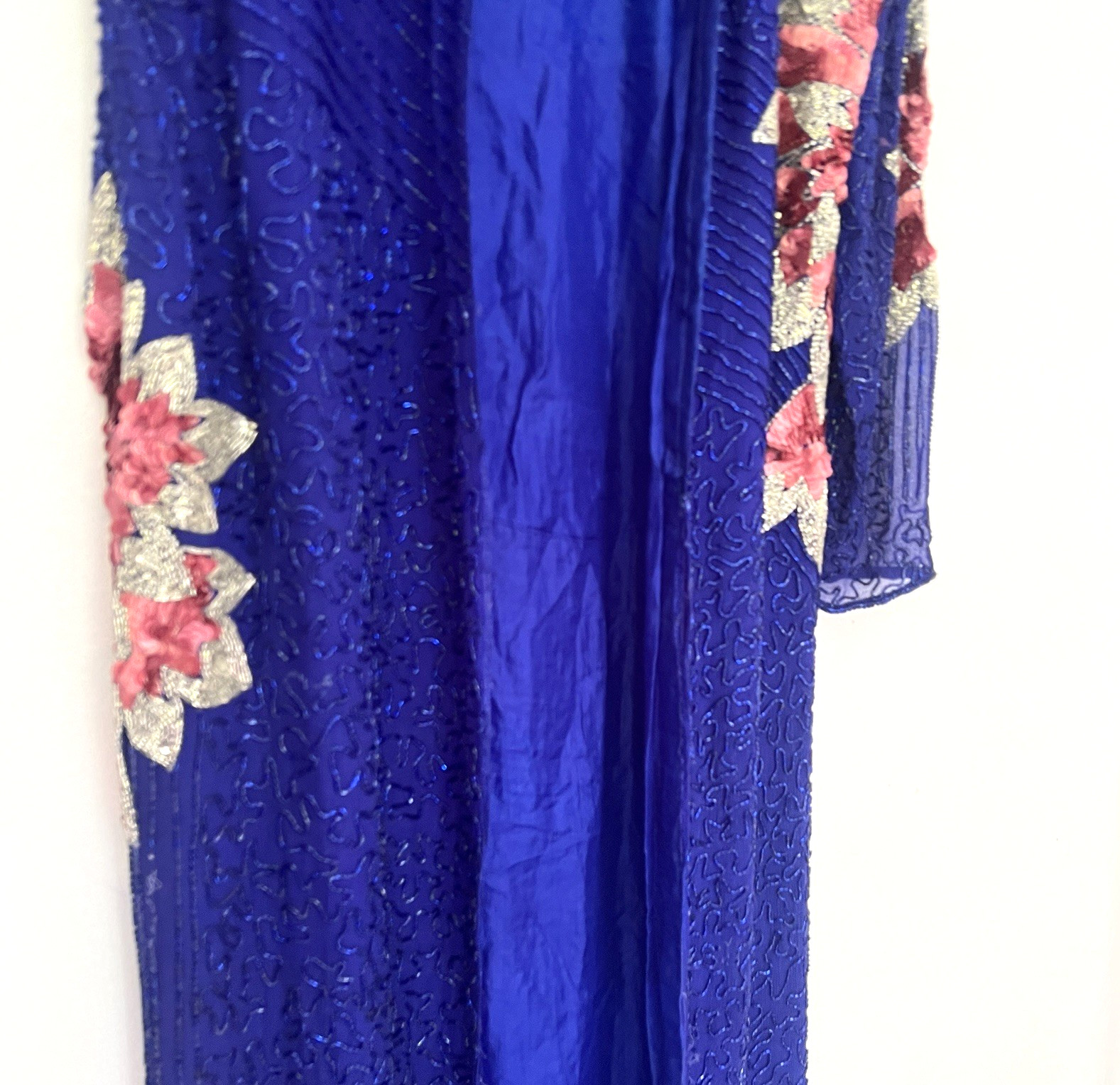 Vintage 80s Cobalt Blue Pink Silk Beaded Floral Maxi Duster Jacket Sequin