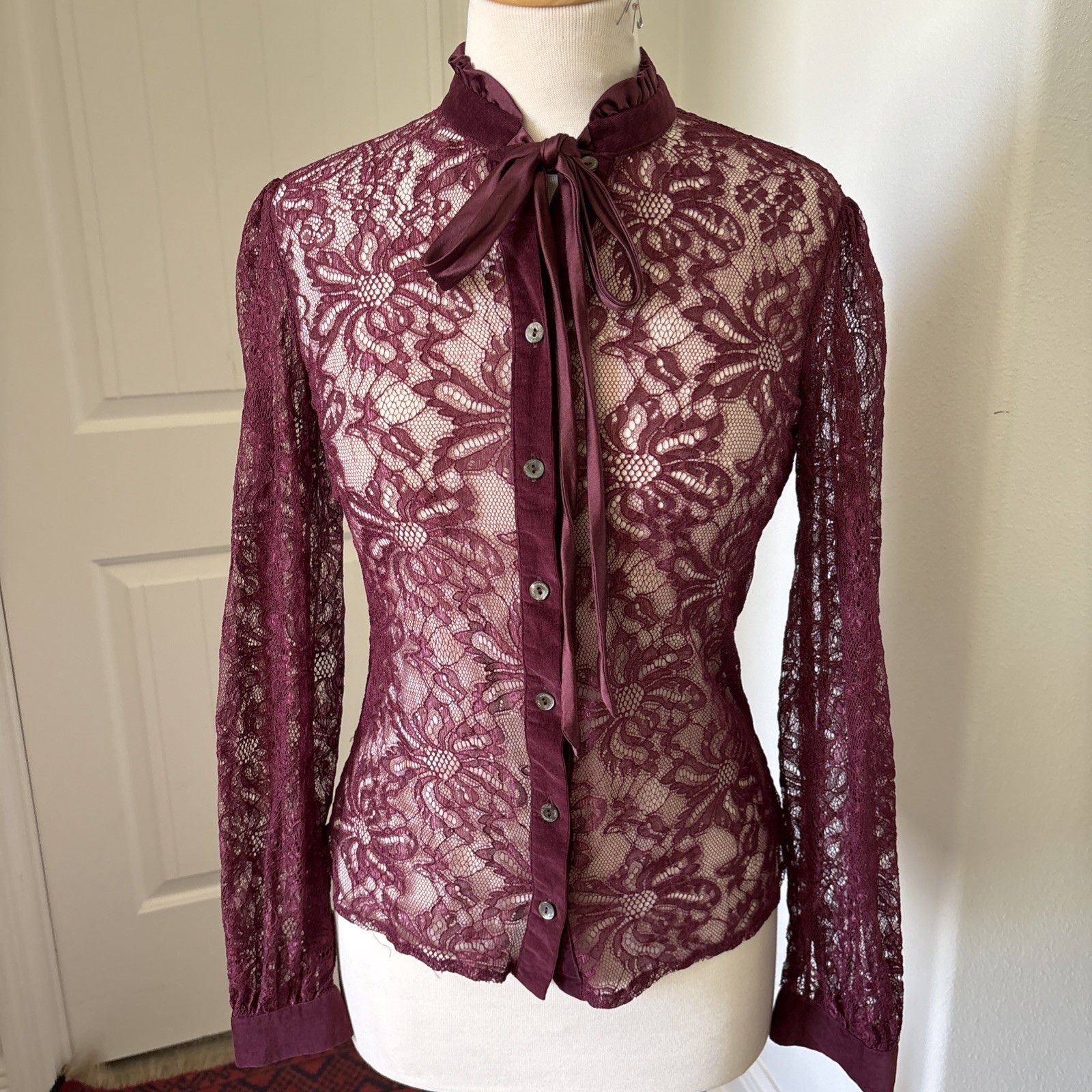 Vintage Dolce Gabbana D&G Silk Lace Mesh Long Sleeve Shirt Blouse Top Size 42