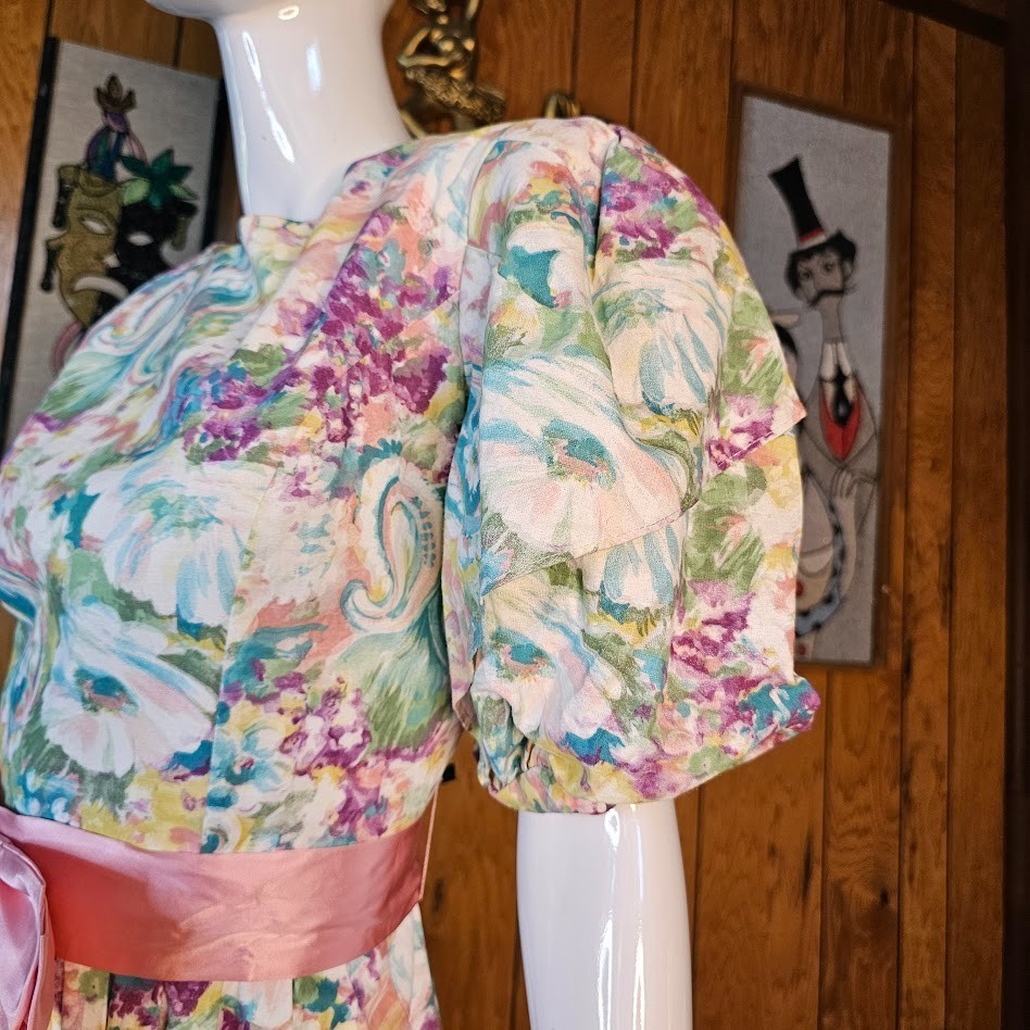 Vtg 80s Fever Dream Floral Romantic Garden Party Belted Bow Volup Tea Dress M/L