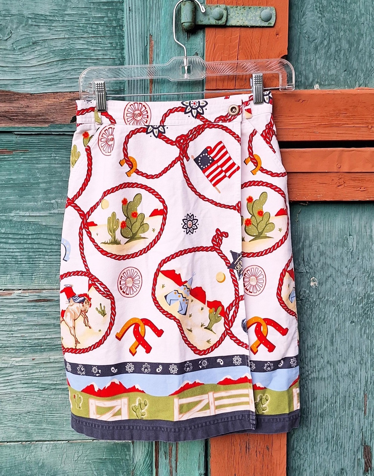 Vintage Wrap Skirt Cotton Twill with Southwest Cowboy Print – 1980s