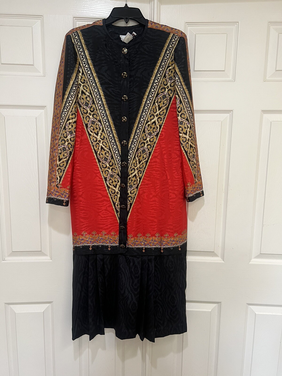 Vintage 80s Anthony Sicari Red Black Long Sleeves Scarf Dress 12 USA Made