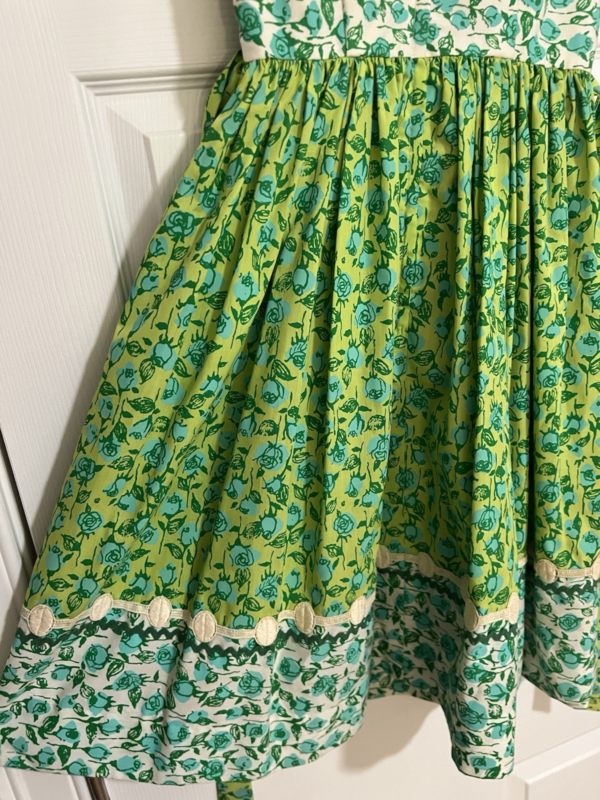 Vintage 1960s Lilly Pulitzer Dress Blue & Green Florals Rickrack Trim Tie Back