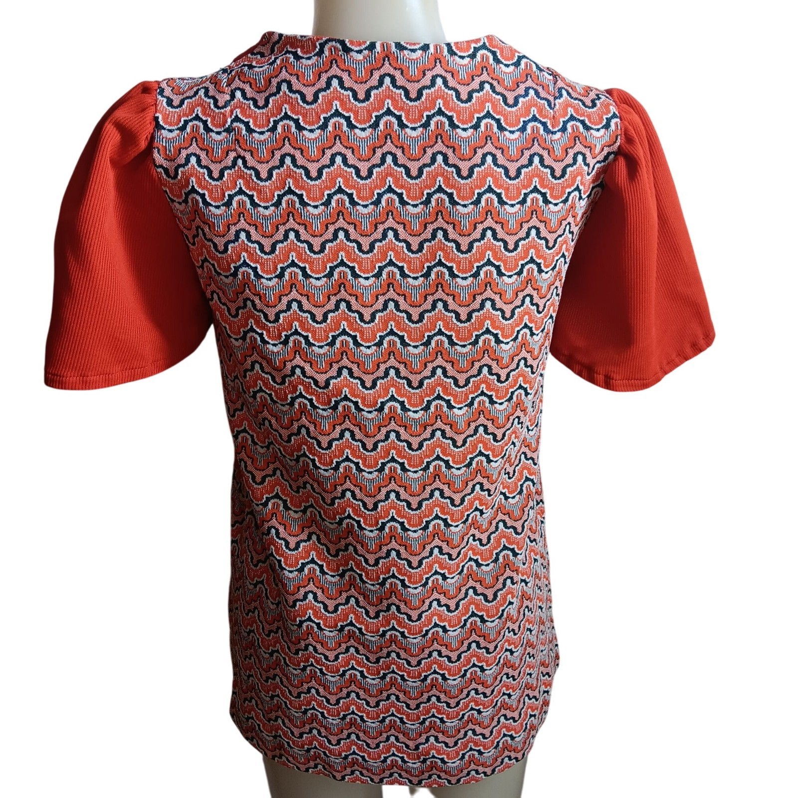True Vintage Hippy Top Medium 1OF1 Zigzag Tunic Puff Sleeves Keyhole Neckline