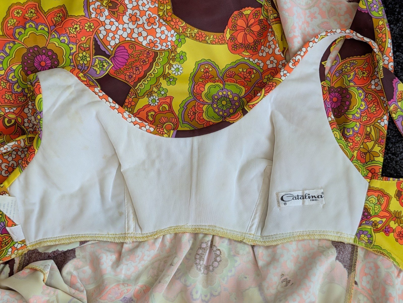 Vtg 70s Catalina Maxi Dress Psychedelic Mod Print Resort Wear XS Built-In Bra