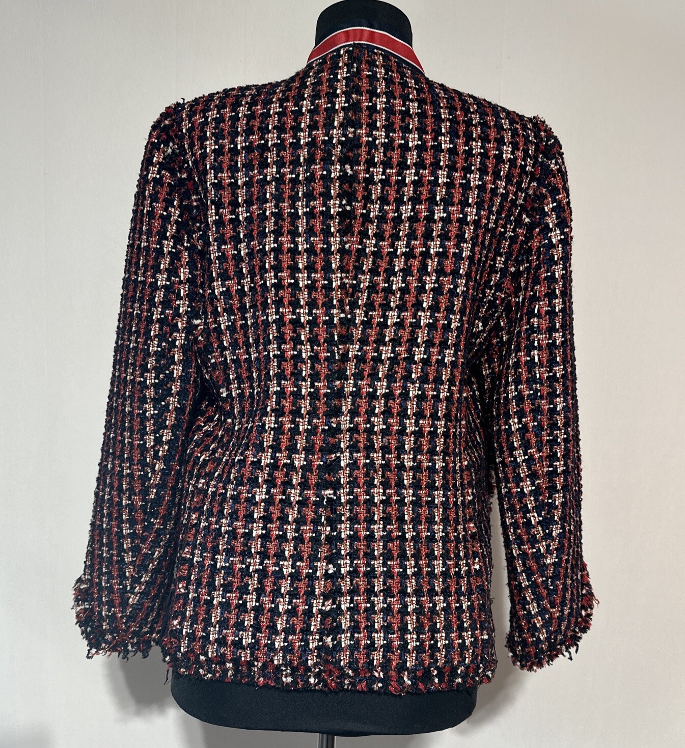 ZARA WOMAN TWEED JACKET BLAZER WITH STRIPED DETAIL Sz Medium M Red Blue White