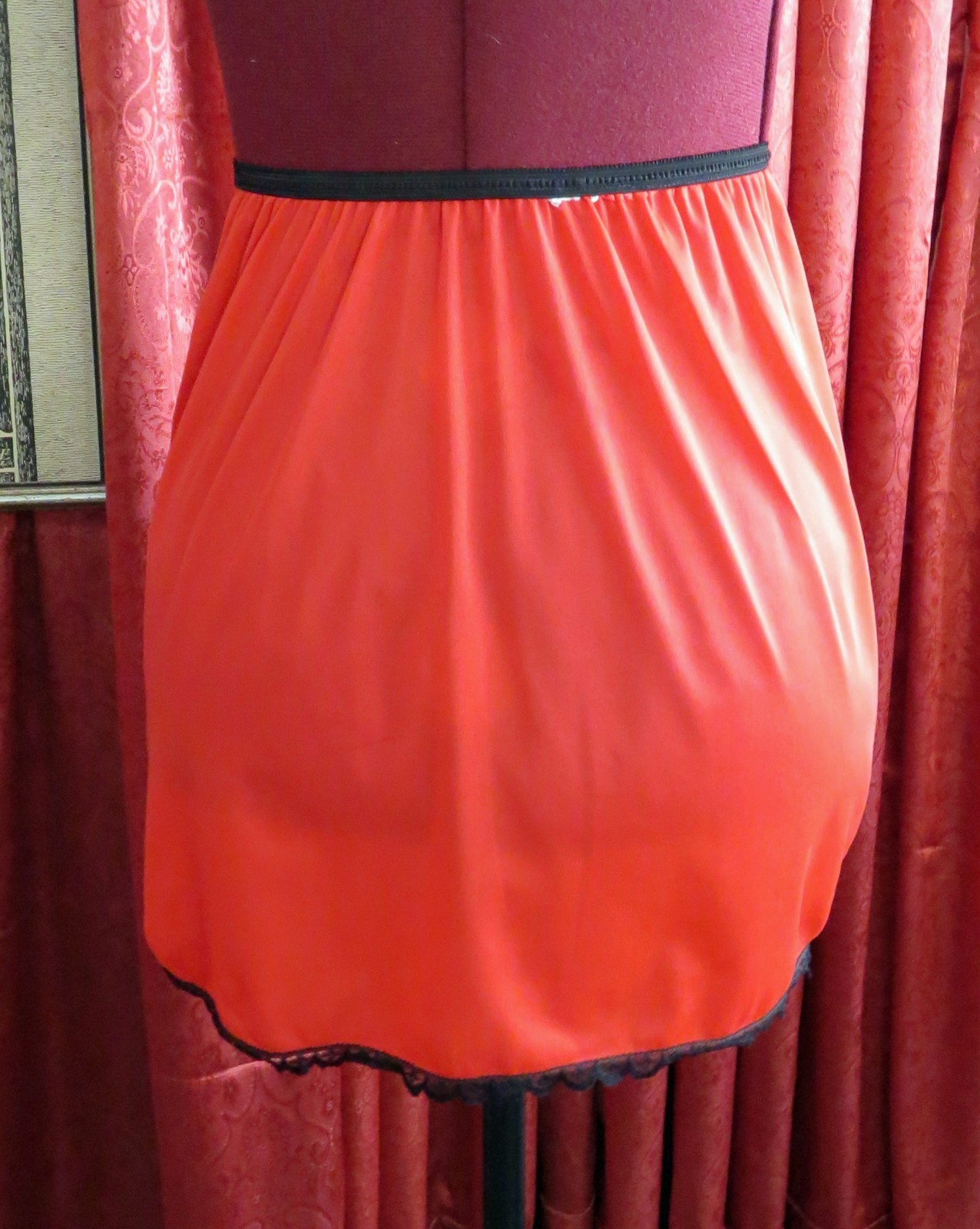 1960s Red Nylon with Black Lace Embroidered Half Slip Mini Skirt “I Love You”