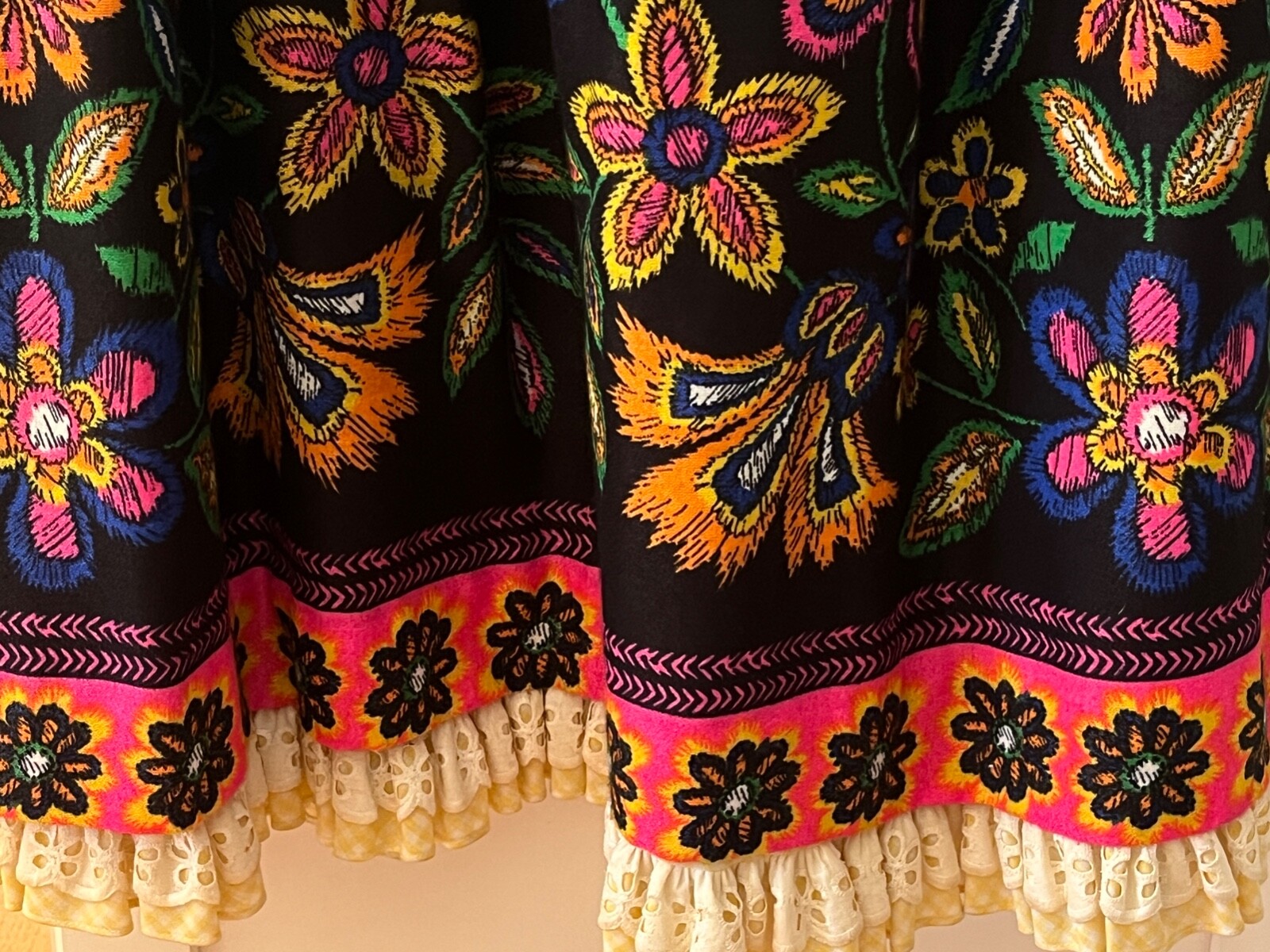 Vintage c. 1970 I. Magnin Floral Ethnic Neon Colors on Black Long Wrap Skirt