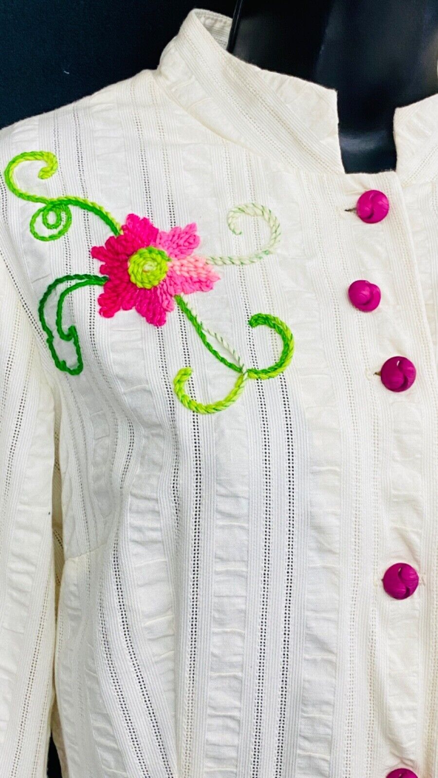 Vintage 1950s white embroidered dress long sleeve pink floral cotton pin-up M L