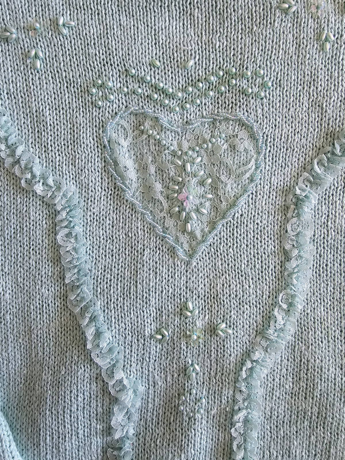 Vintage 80s Mint Green Beaded Heart Sweater Womens Med Cottagecore Grandmacore
