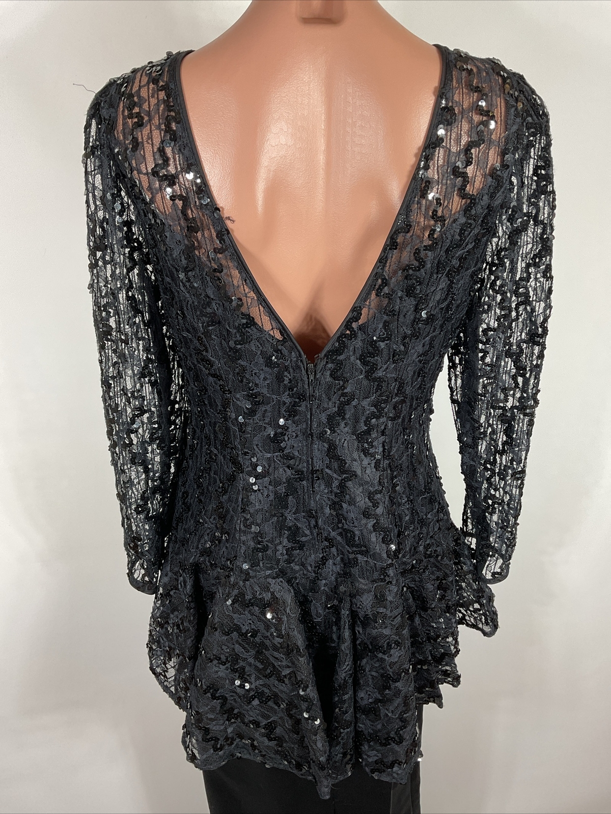 80s VTG Black Sequin Satin Sleeve Prom Party Formal Dress Long Sleeve M/L Bow