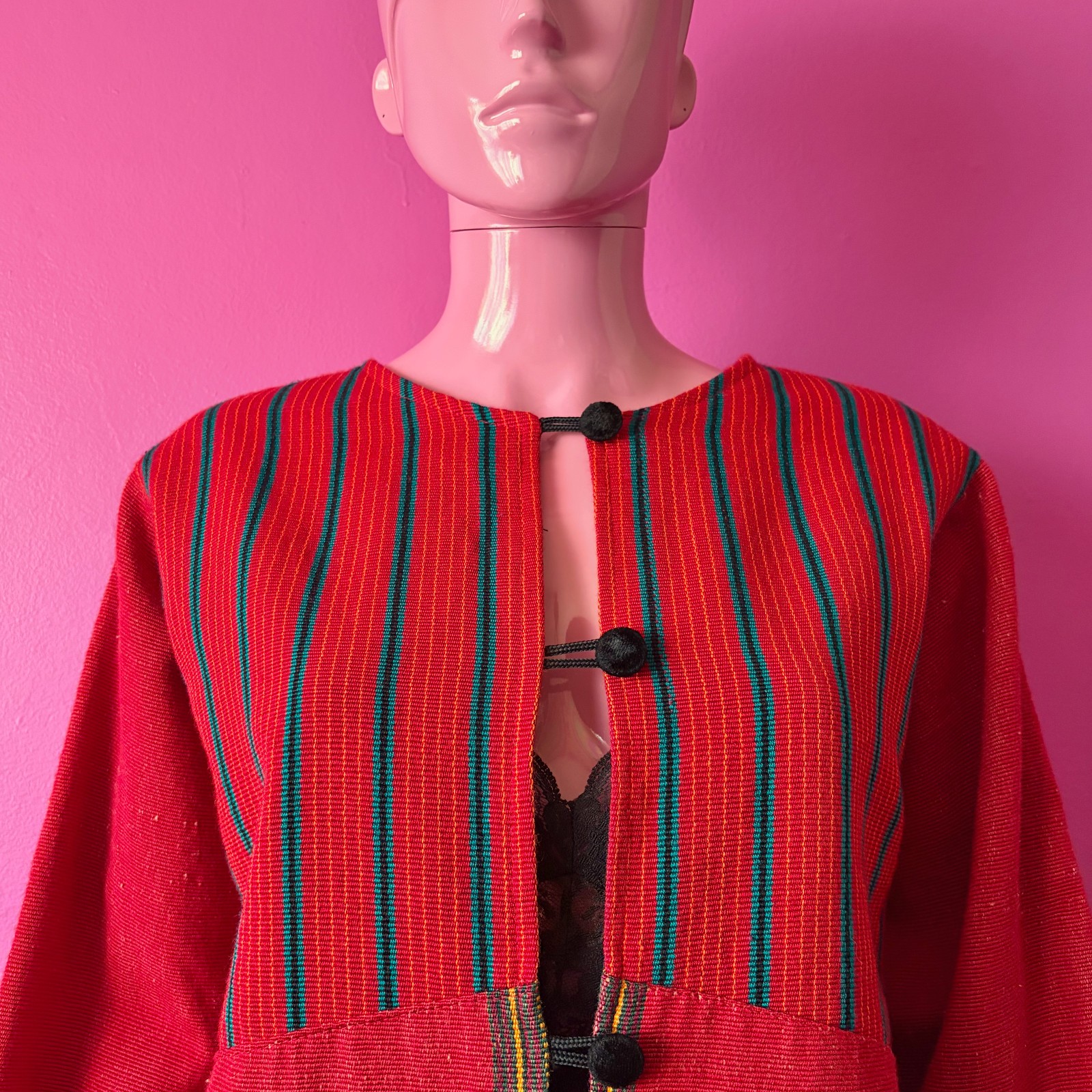 Vintage 90s XL Guatemalan Jacket Red Multicolor Handwoven Stripes Velvet Buttons