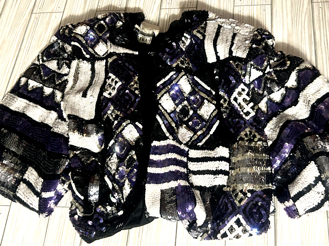 Carina Black Purple White Beaded On 100% Silk Jacket Formal Vintage 90s Medium
