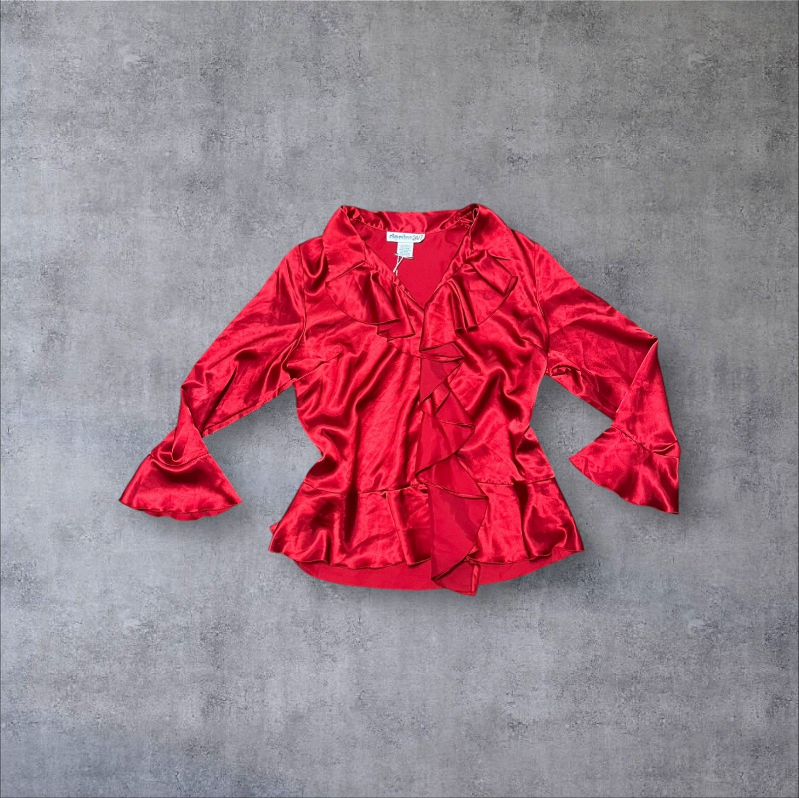 Vintage y2k Red Satin Ruffle Clowncore Denim 24/7 Sz 18W (XXL) Plus Size Blouse