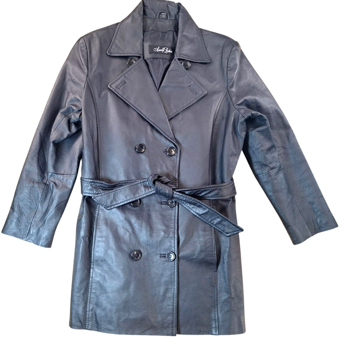 Amalfi 100% Leather Trench Coat Jacket Womens SMALL Double Breasted Belted Lined