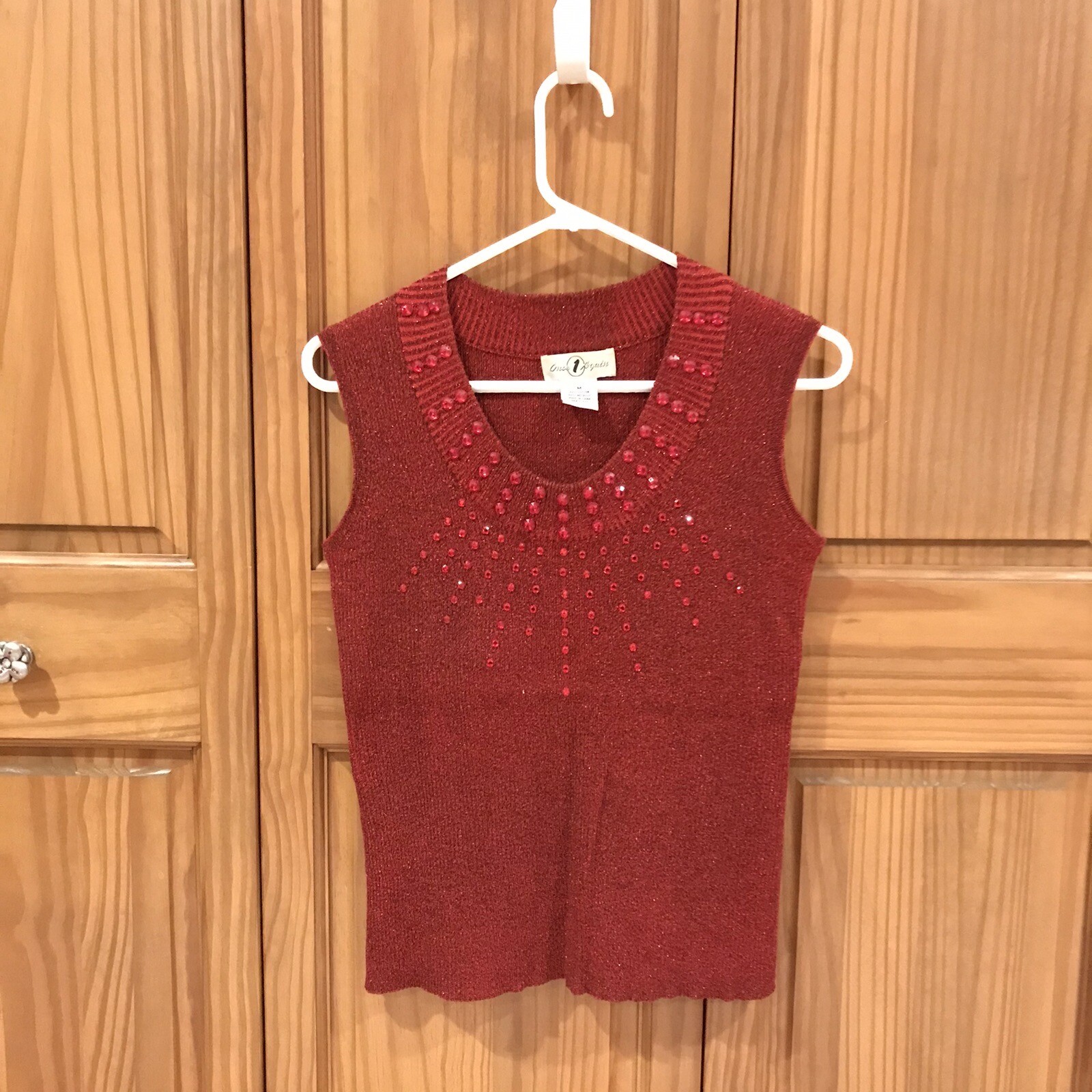 Vintage Once Again Metallic Red Beaded Sweater Tank Top Size Medium Rhinestones