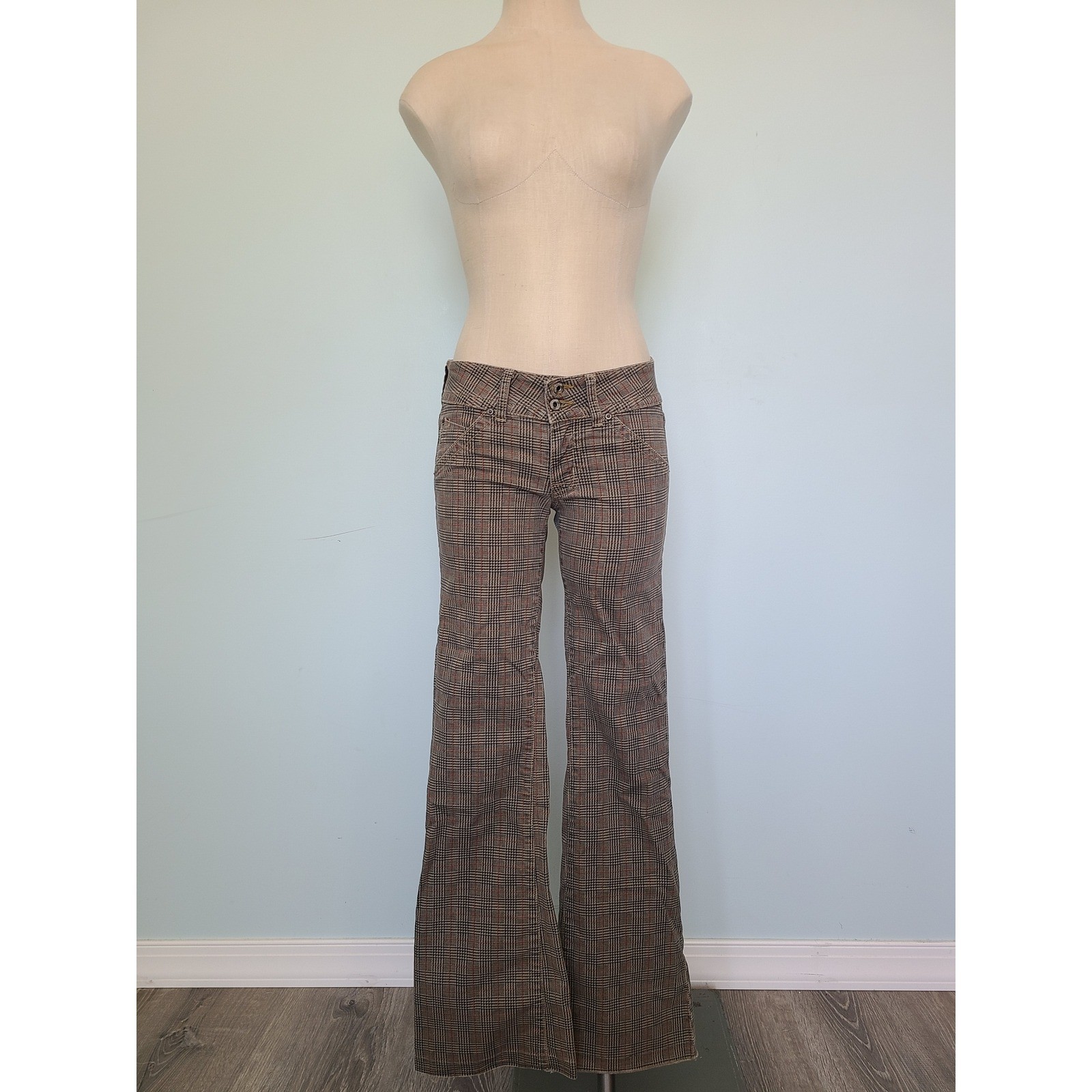 VTG Hudson Jeans Houndstooth Plaid Low Rise Flare Leg Button Fly Y2K