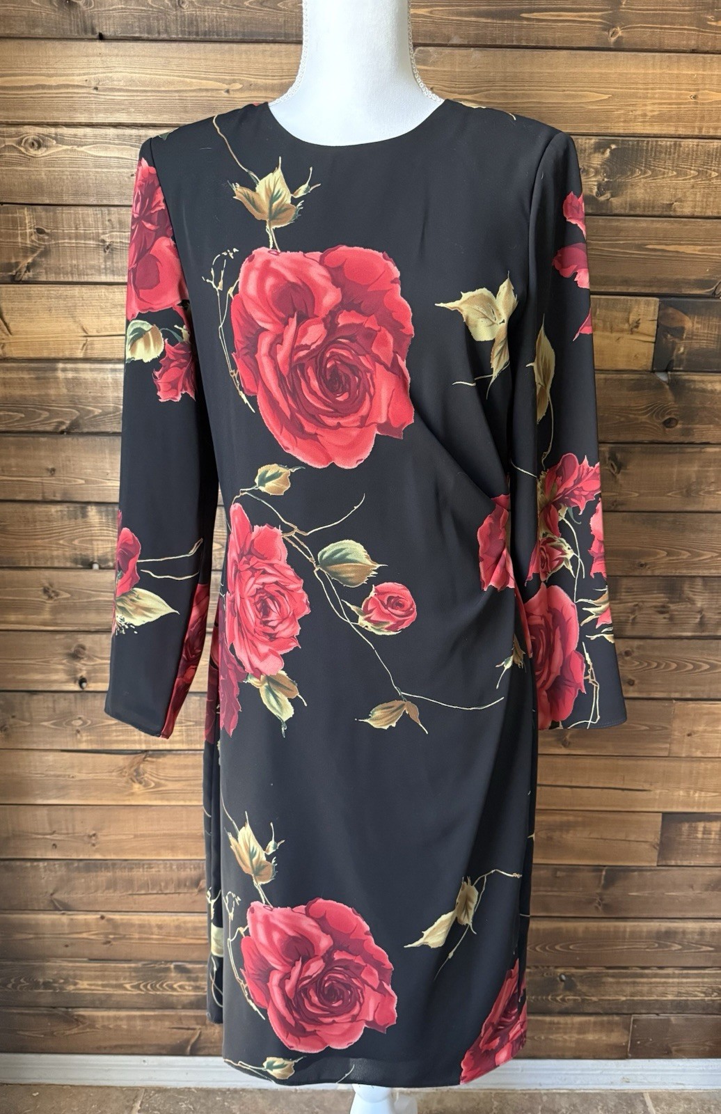 Vintage 90s David Warren NY Rose Floral Dress Shoulder Pads Black Midi